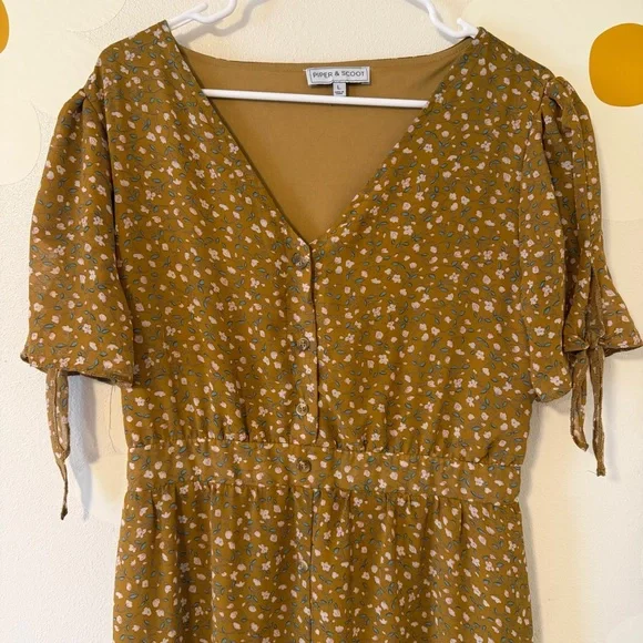 Piper & Scoot Floral Mustard Midi Button Up V Neck Dress - Picture 6 of 14